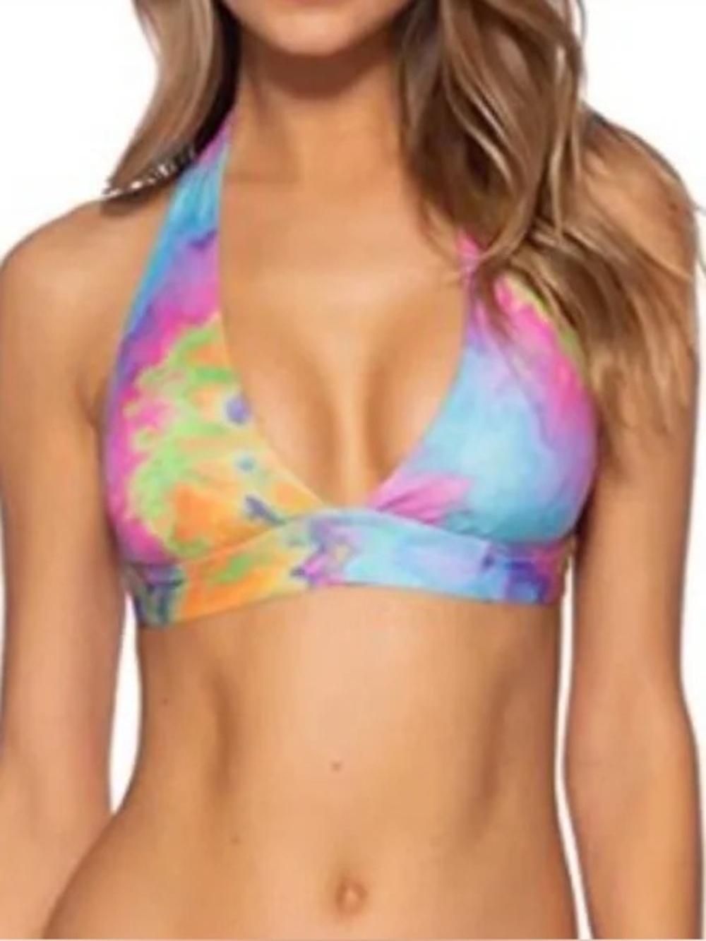 BECCA Multicolor Tie-Dye Halter Bikini Set with Turquoise Base size L/cup D